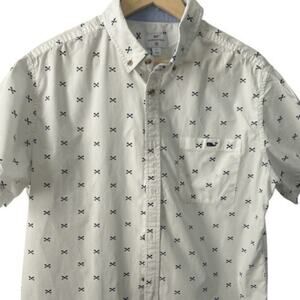 Vineyard Vines Men’s L Fishbone Print Shirt White Navy Short Sleeve Casual